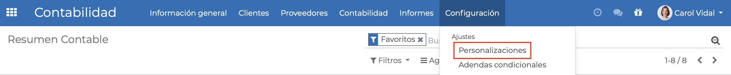 Imagen 3: Personalizaciones de Contabilidad